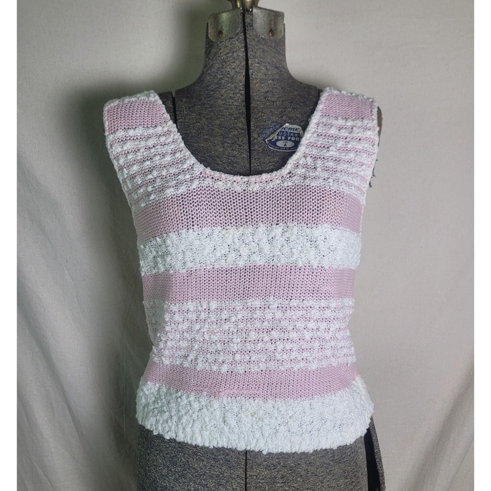 Vintage 70s‎ 80s Pink White Sweater Tank Top Coquette M Striped Girly Textured